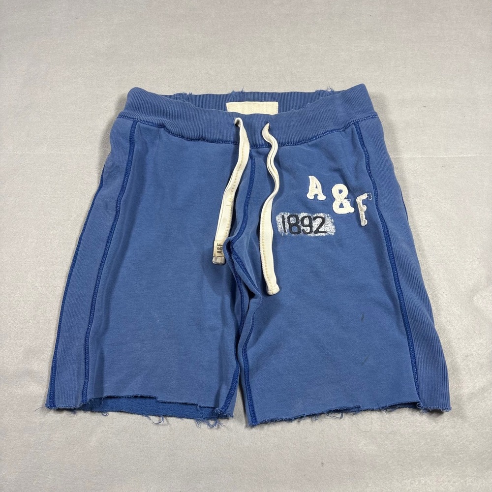 Abercrombie & Fitch Mens Blue Logo Sweat Shorts Distressed Raw Hem 1892 Large